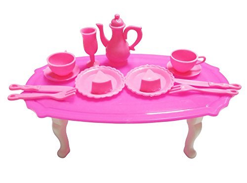 LittleKelly 13 Pcs Barbie Sized Tableware Playset Kitchen Set Cooking Kitchenware - Pink