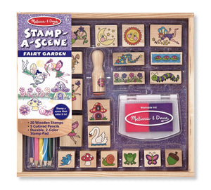 Melissa & Doug Stamp-a-Scene Stamp Pad: Fairy Garden - 20 Wooden Stamps, 5 Colored Pencils, and 2-Color Stamp Pad